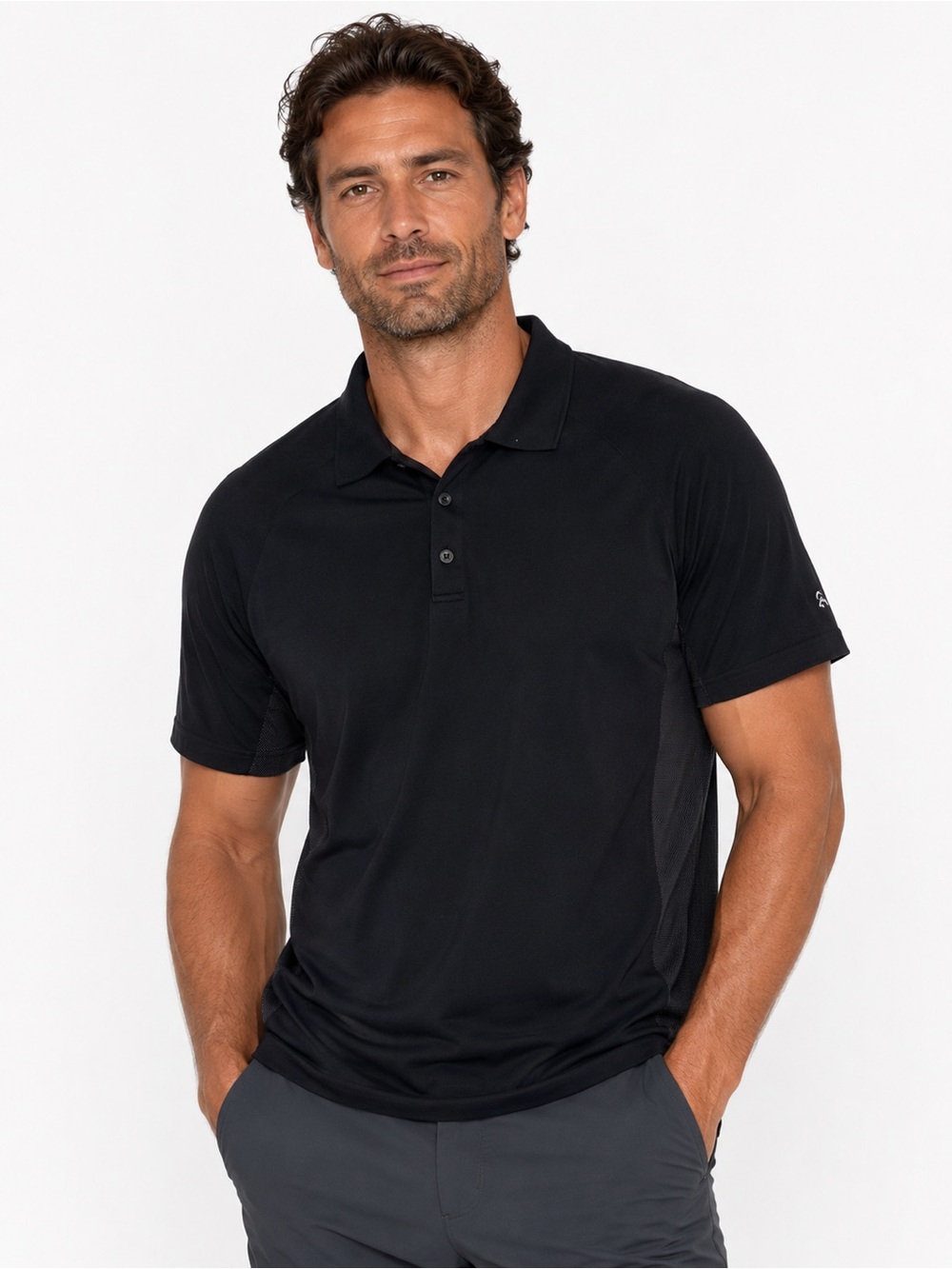 Fabletics Mens XL dark navy Training Polo Shirt Mesh Side Panels RN134638